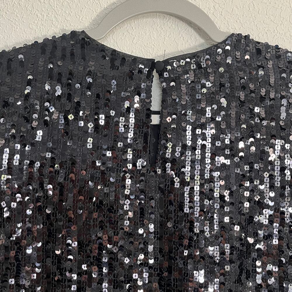 EXPRESS Black Sequin Short Sleeve Top Small Boxy Glamorous Festive Party Blouse - Picture 3 of 8